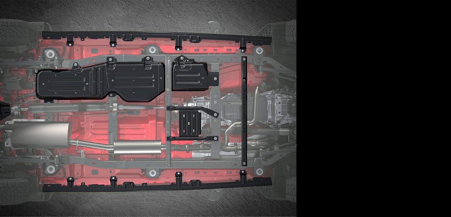 Underbody of the gladiator highlighting the skid plates