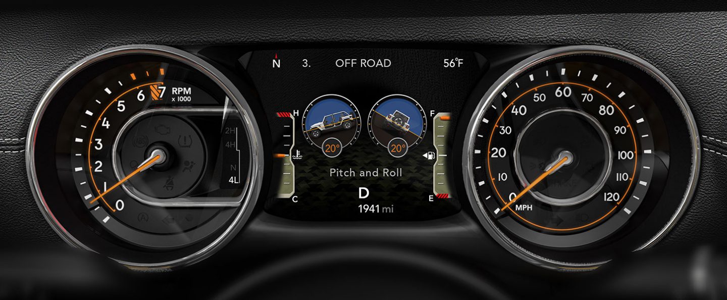 The Digital Cluster Display in the 2020 Jeep Wrangler Rubicon displaying the vehicle's pitch and roll on the Off-Road pages.