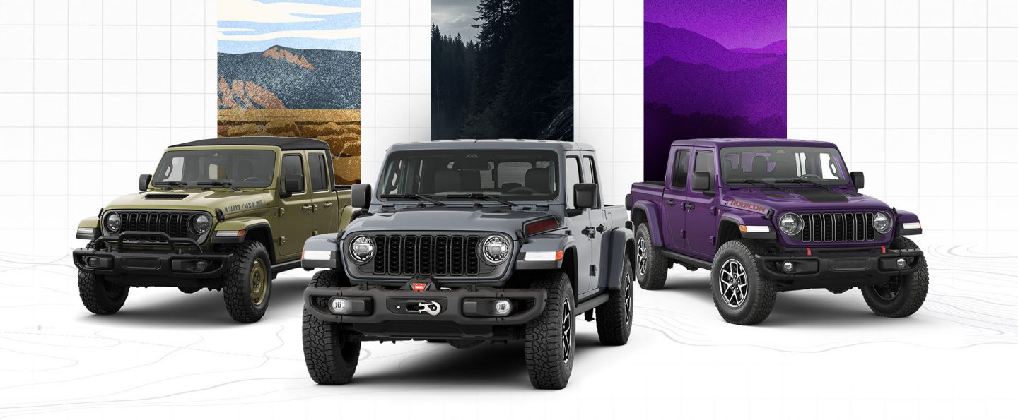 Three Jeep Gladiator pickups: From left to right, an olive drab 2026 Gladiator Willys '41 with a black top, a gray 2026 Gladiator Shadow Ops and a purple 2026 Gladiator Rubicon X.
