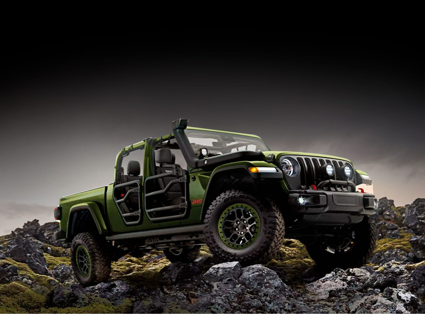 A Jeep Gladiator Rubicon modified with Jeep Performance Parts parked on a rocky incline with tube doors on and roof removed.